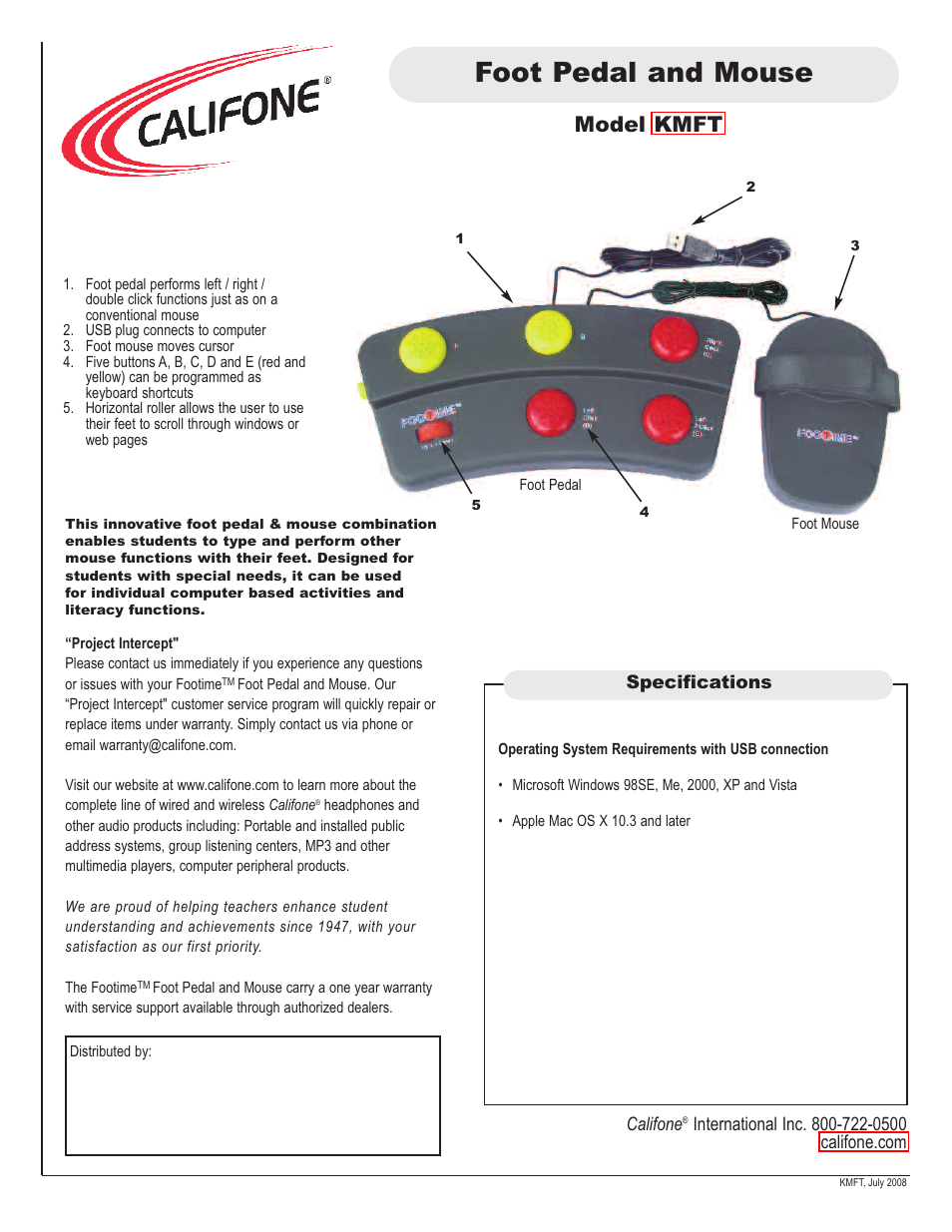 Califone Foot Pedal and Mouse KMFT User Manual | 1 page