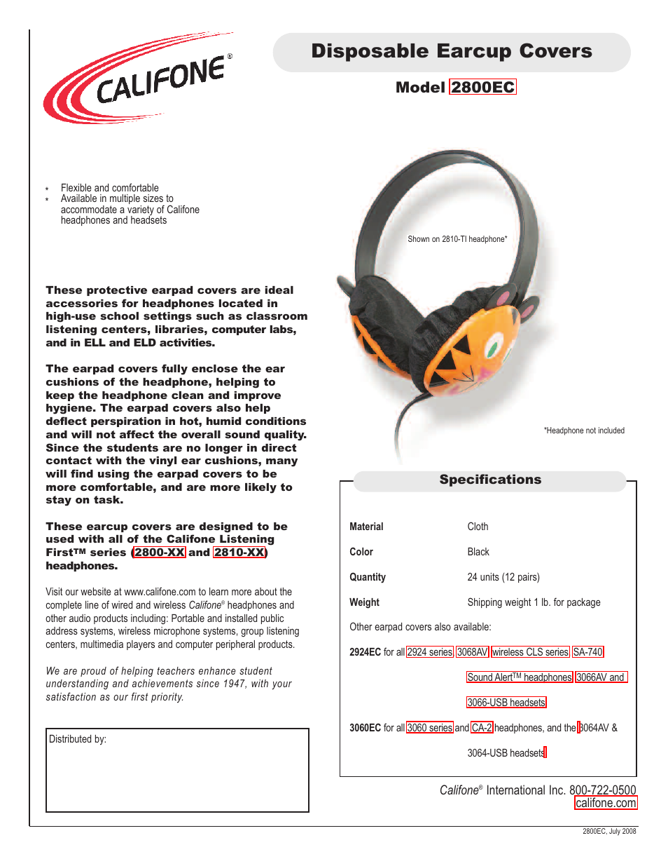 Califone Disposable Earcup Covers 2800EC User Manual | 1 page