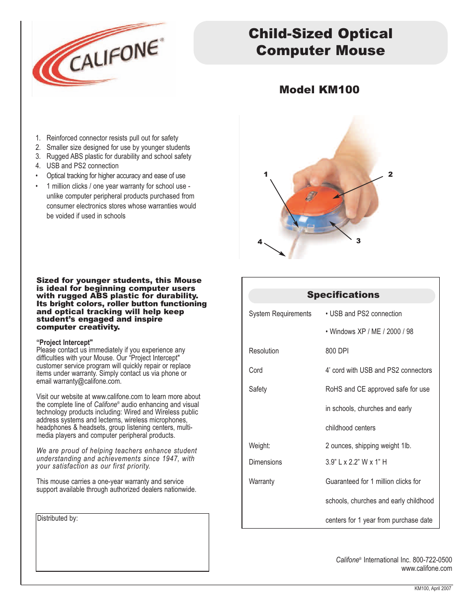 Califone KM100 User Manual | 1 page