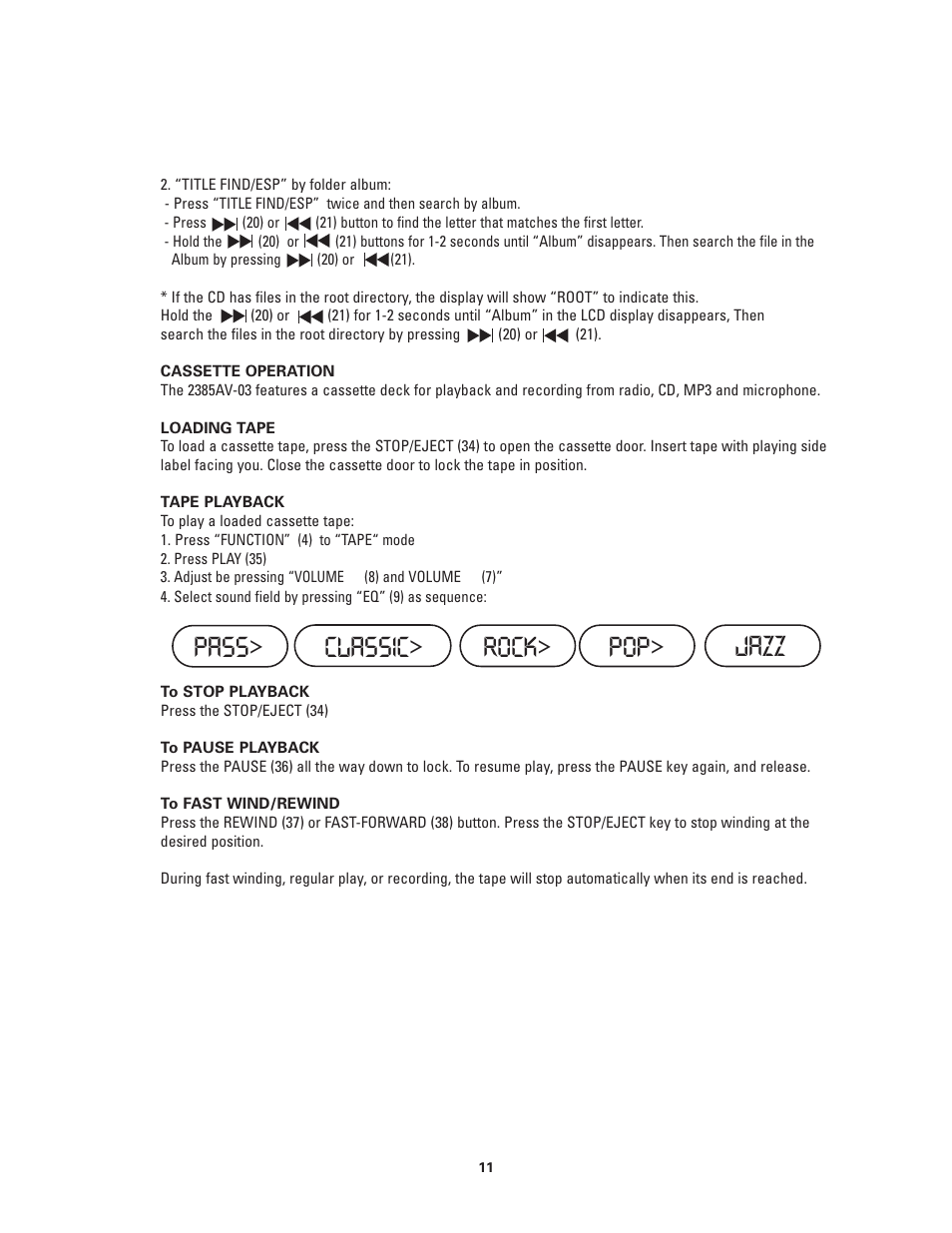 Pass> classic> rock> pop> jazz | Califone 2385-03 User Manual | Page 11 / 19