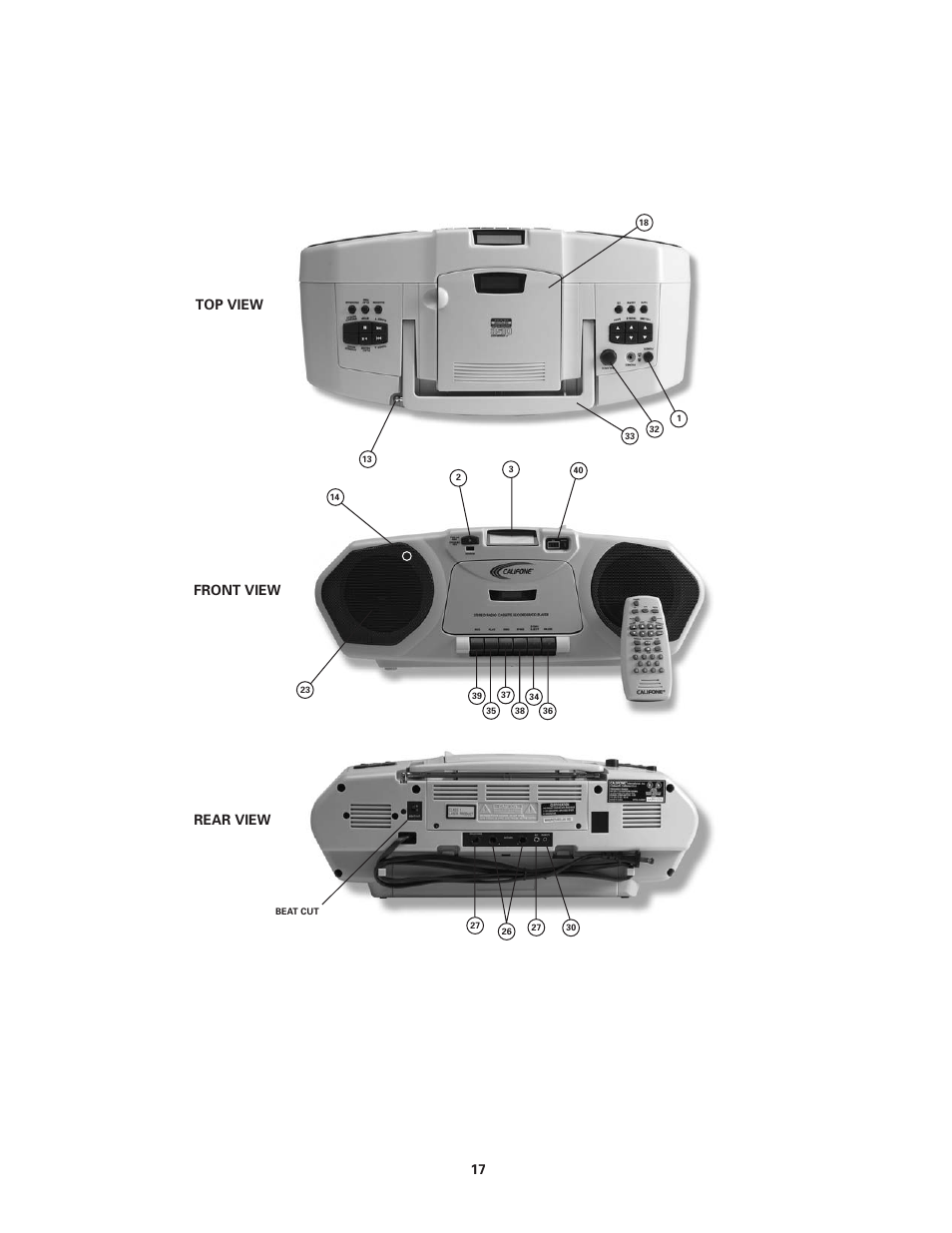 Top view front view rear view | Califone 2385-03 User Manual | Page 17 / 19
