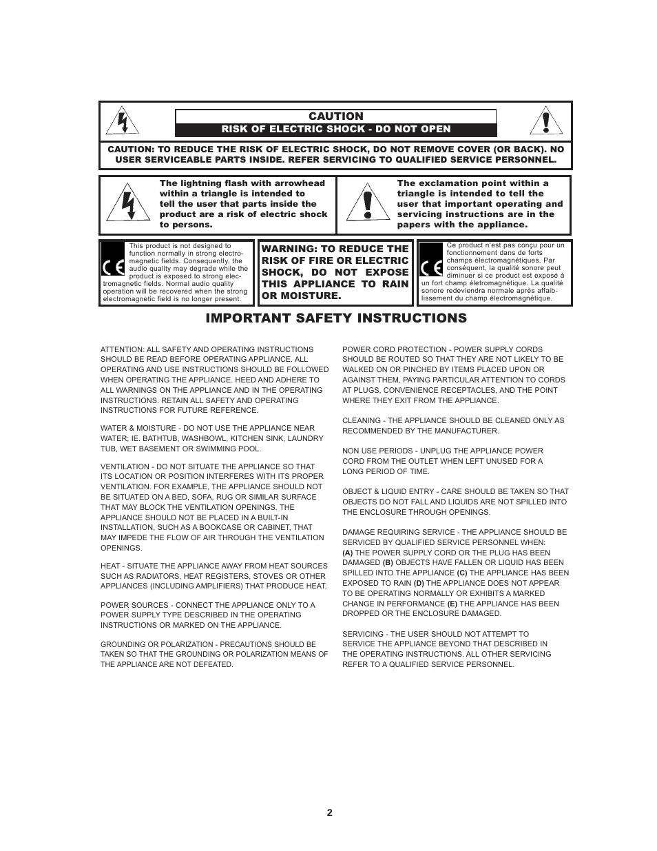 Important safety instructions, Caution | Califone 2385-03 User Manual | Page 2 / 19