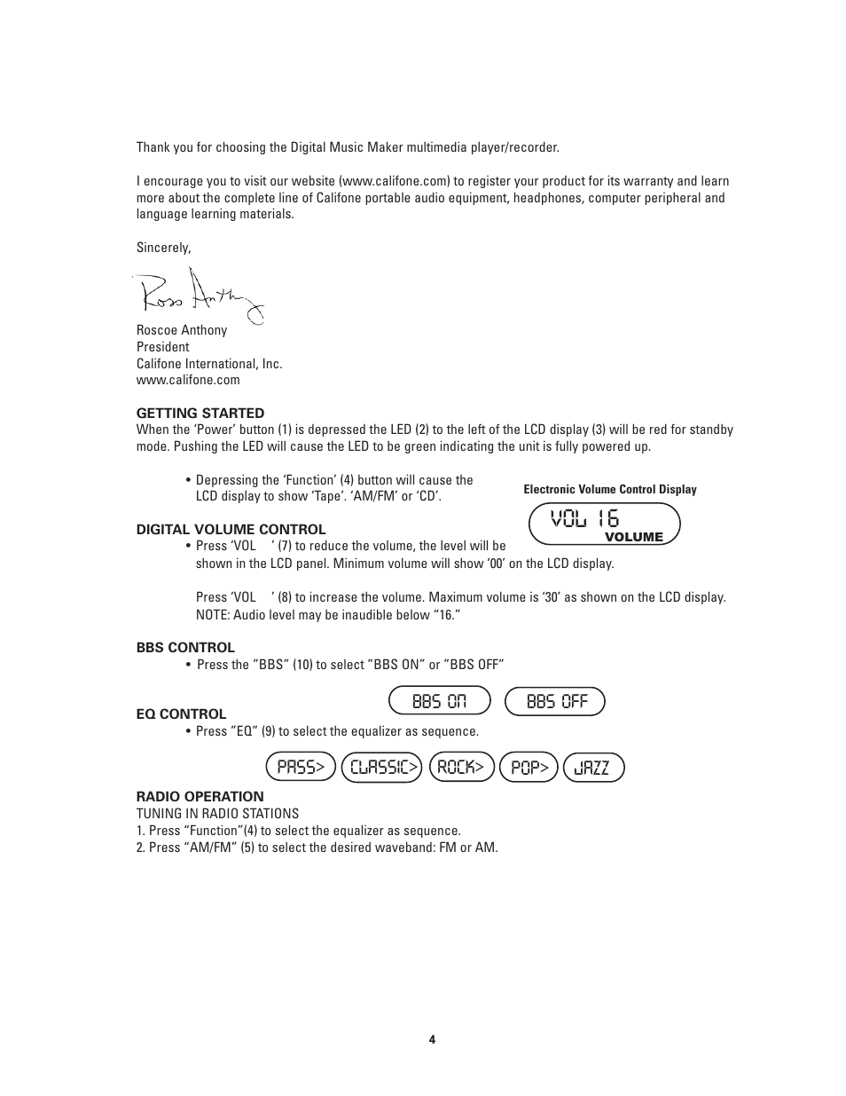 Vol 16, Pass> classic> rock> pop> jazz, Bbs on bbs off | Califone 2385-03 User Manual | Page 4 / 19