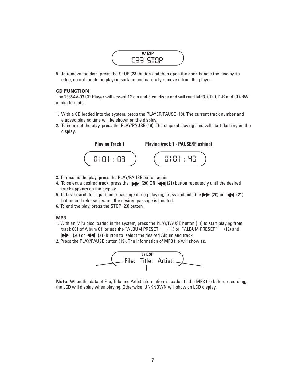 O33 stop, File: title: artist | Califone 2385-03 User Manual | Page 7 / 19