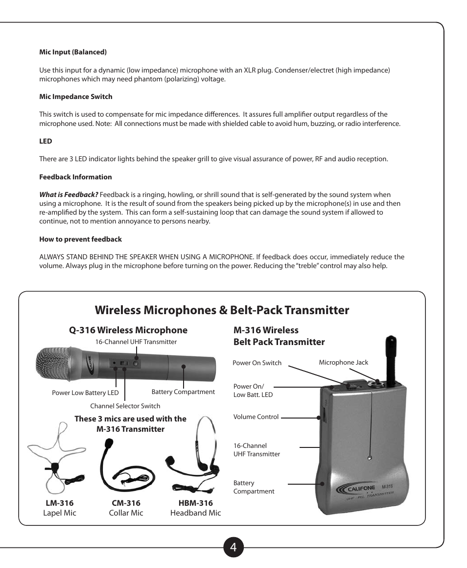 Wireless microphones & belt-pack transmitter | Califone MB-350 User Manual | Page 5 / 8