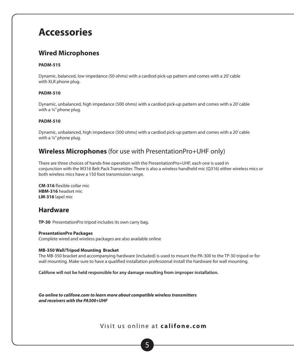 Accessories, Wired microphones, Hardware | Califone MB-350 User Manual | Page 6 / 8