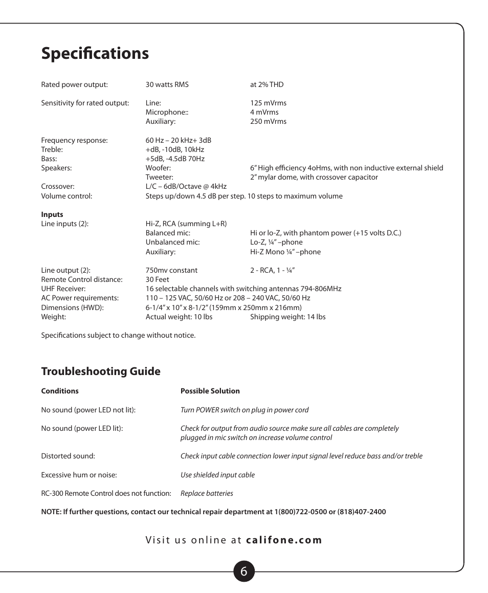 Specifications, Troubleshooting guide | Califone MB-350 User Manual | Page 7 / 8