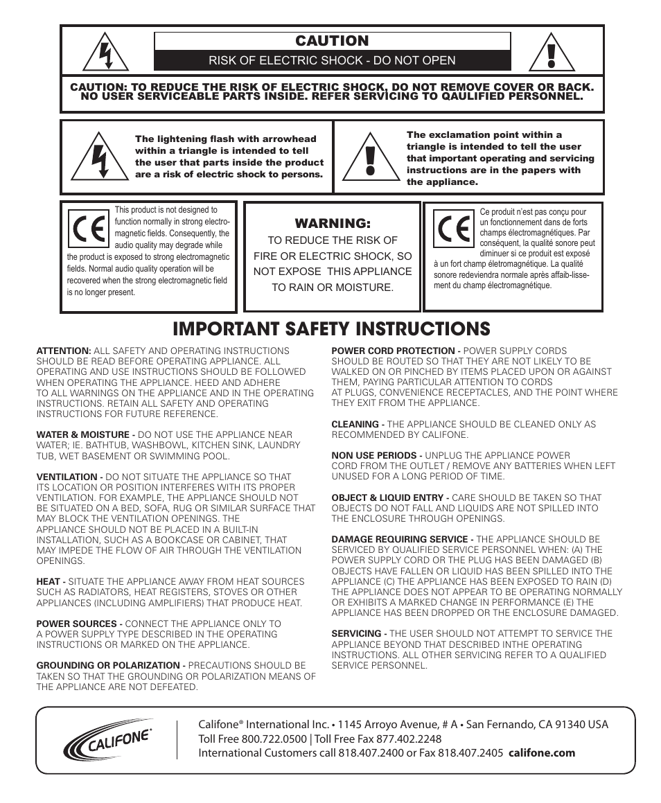 Important safety instructions, Caution | Califone MB-350 User Manual | Page 8 / 8