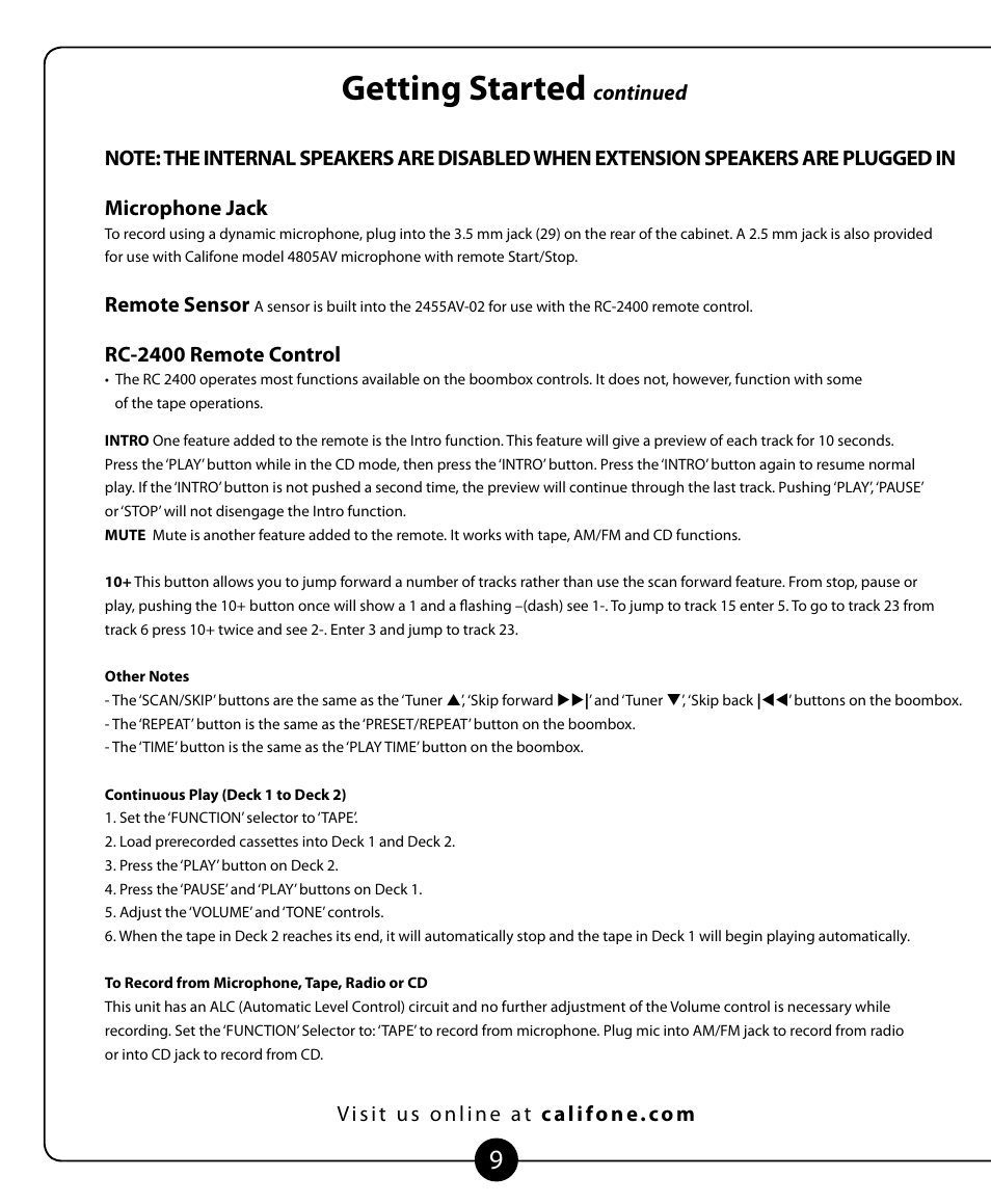 Getting started | Califone 2455AV-02 User Manual | Page 10 / 16