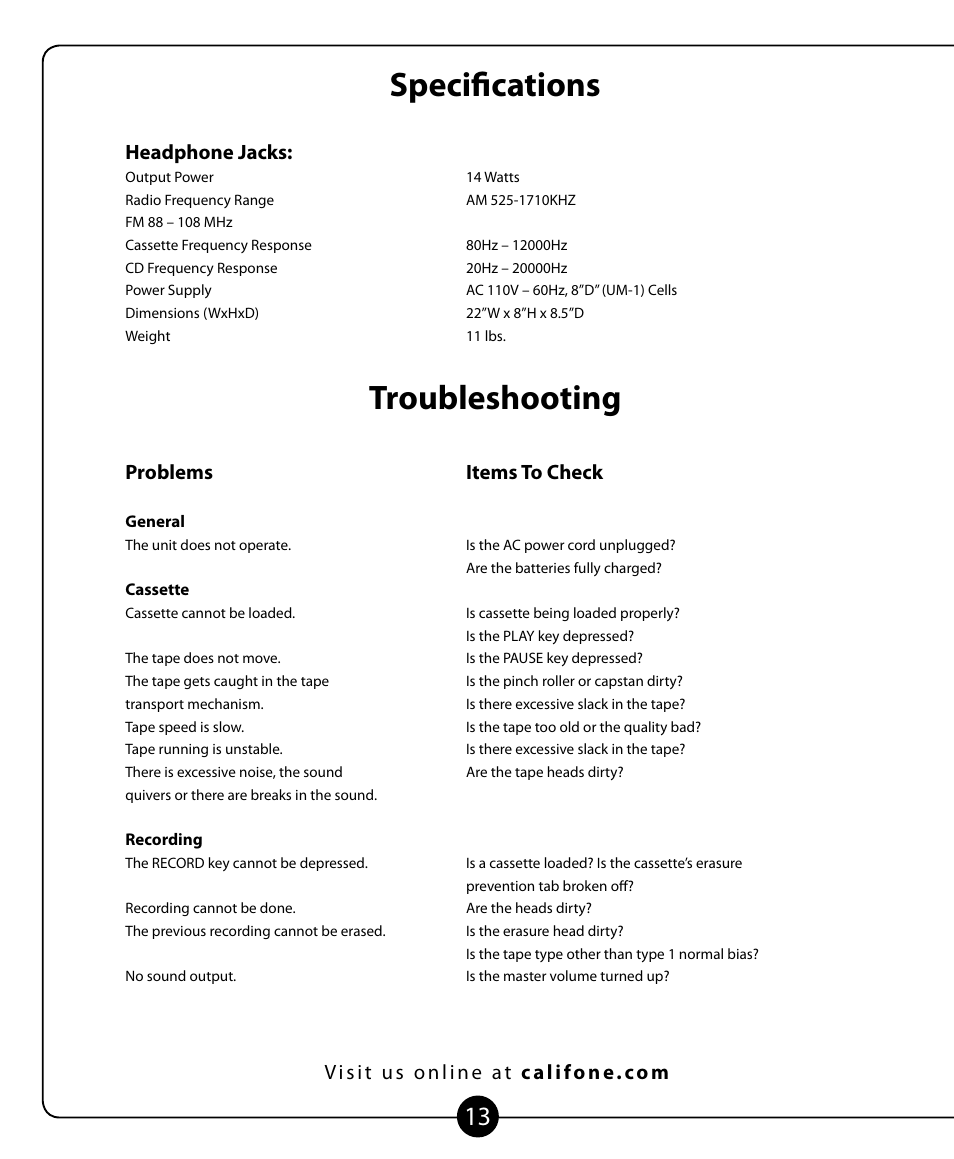 Specifications, Troubleshooting, Headphone jacks | Problems items to check | Califone 2455AV-02 User Manual | Page 14 / 16