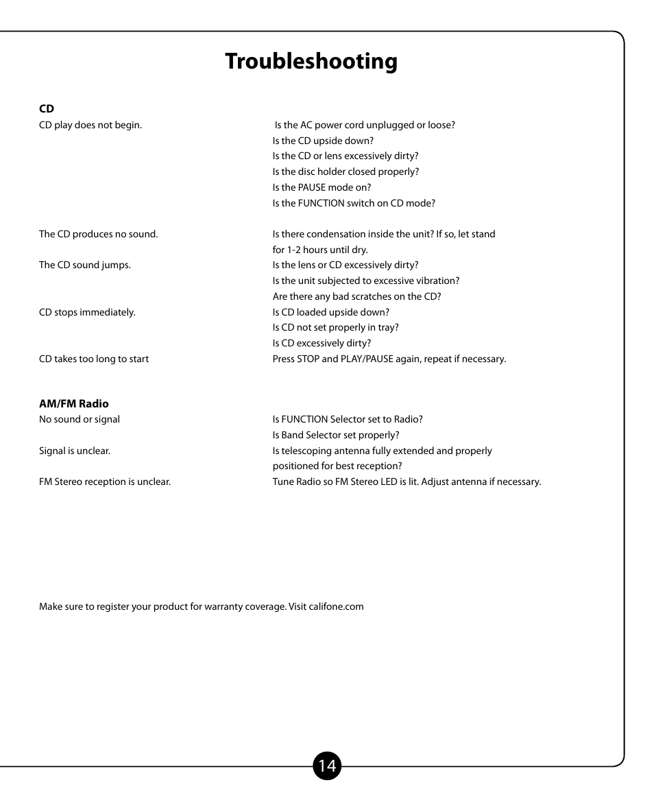 Troubleshooting | Califone 2455AV-02 User Manual | Page 15 / 16