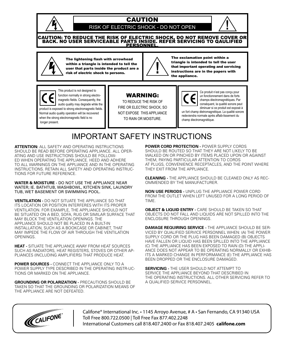 Important safety instructions, Caution, Warning | Califone 2455AV-02 User Manual | Page 16 / 16