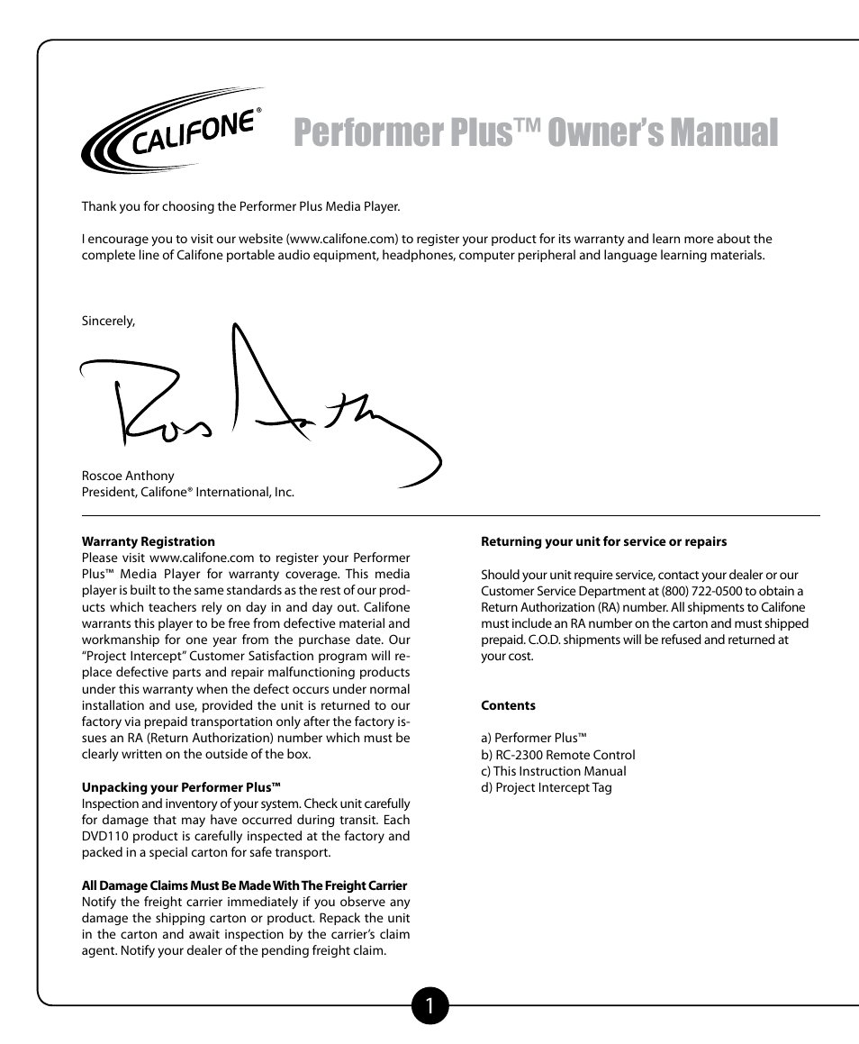 Performer plus™ owner’s manual | Califone 2455AV-02 User Manual | Page 2 / 16