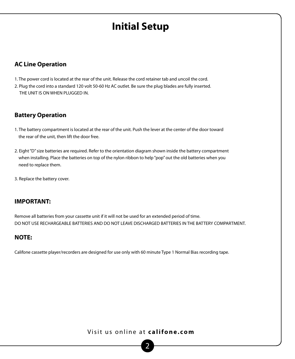 Initial setup | Califone 2455AV-02 User Manual | Page 3 / 16