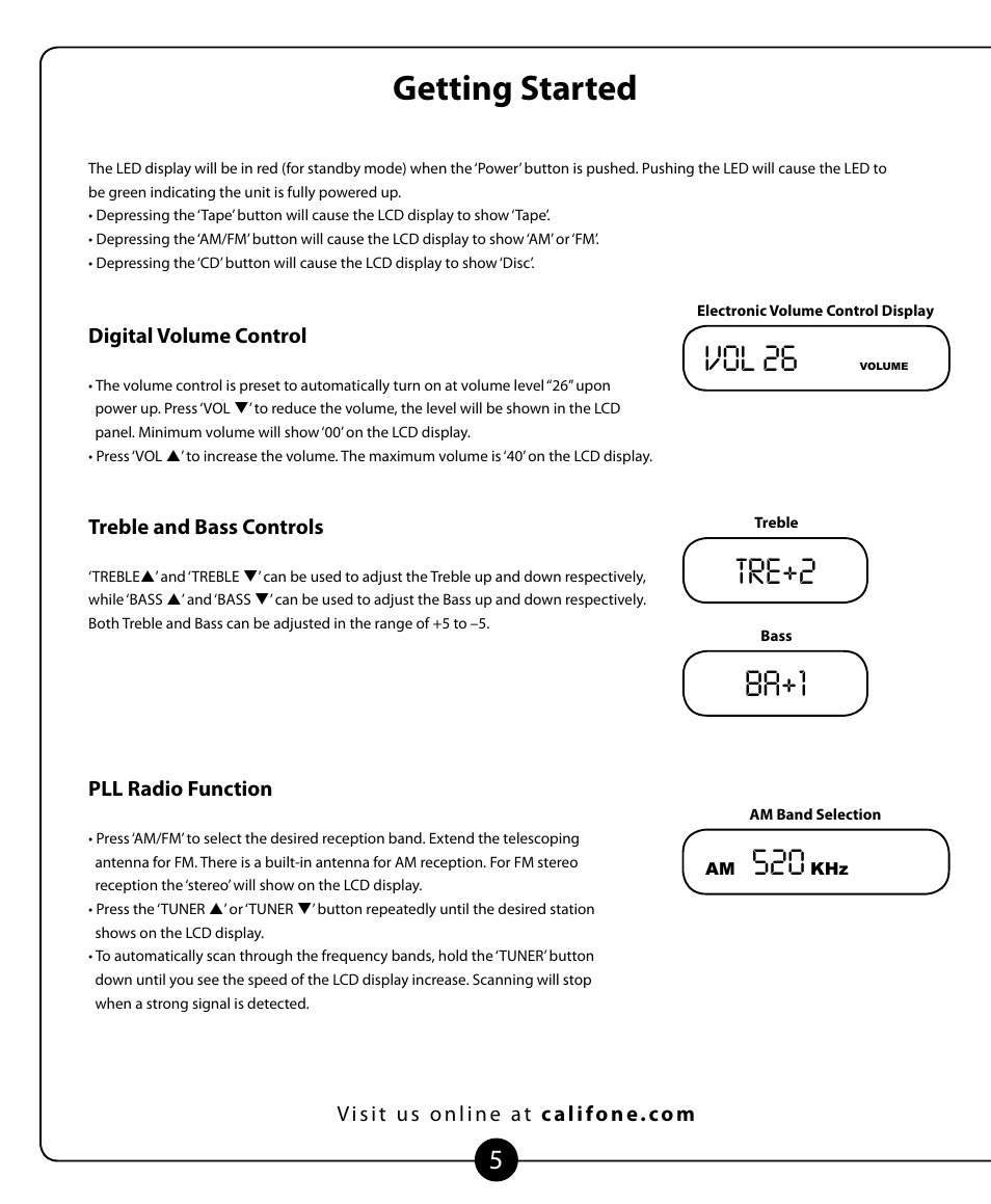 Getting started, Vol 26, Tre+2 | Ba+1 | Califone 2455AV-02 User Manual | Page 6 / 16