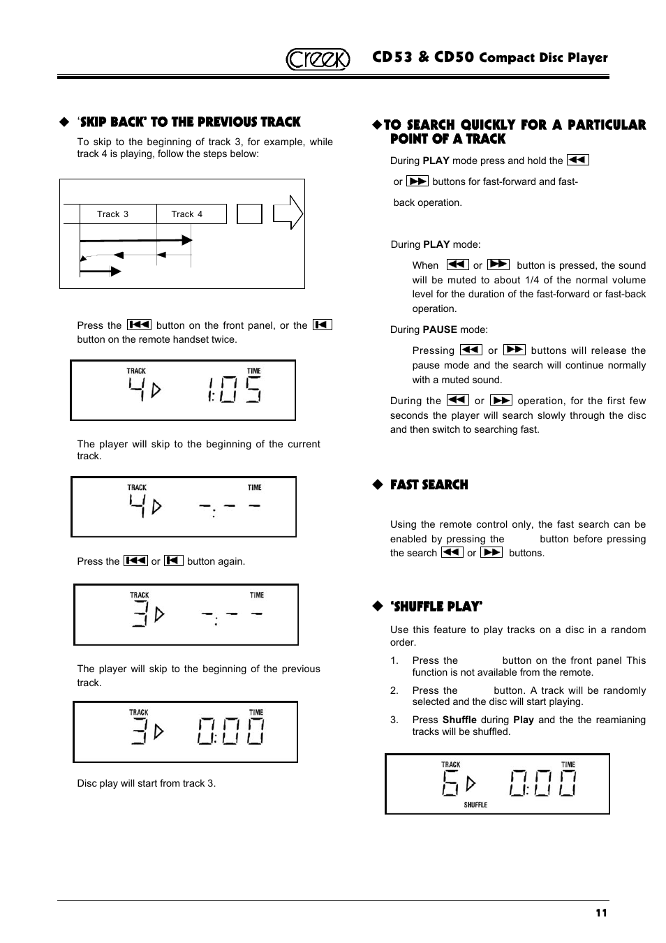 Cd53 & cd50, Skip back’ to the previous track, Fast search | Shuffle play, Compact disc player | Creek Audio CD50 User Manual | Page 11 / 16