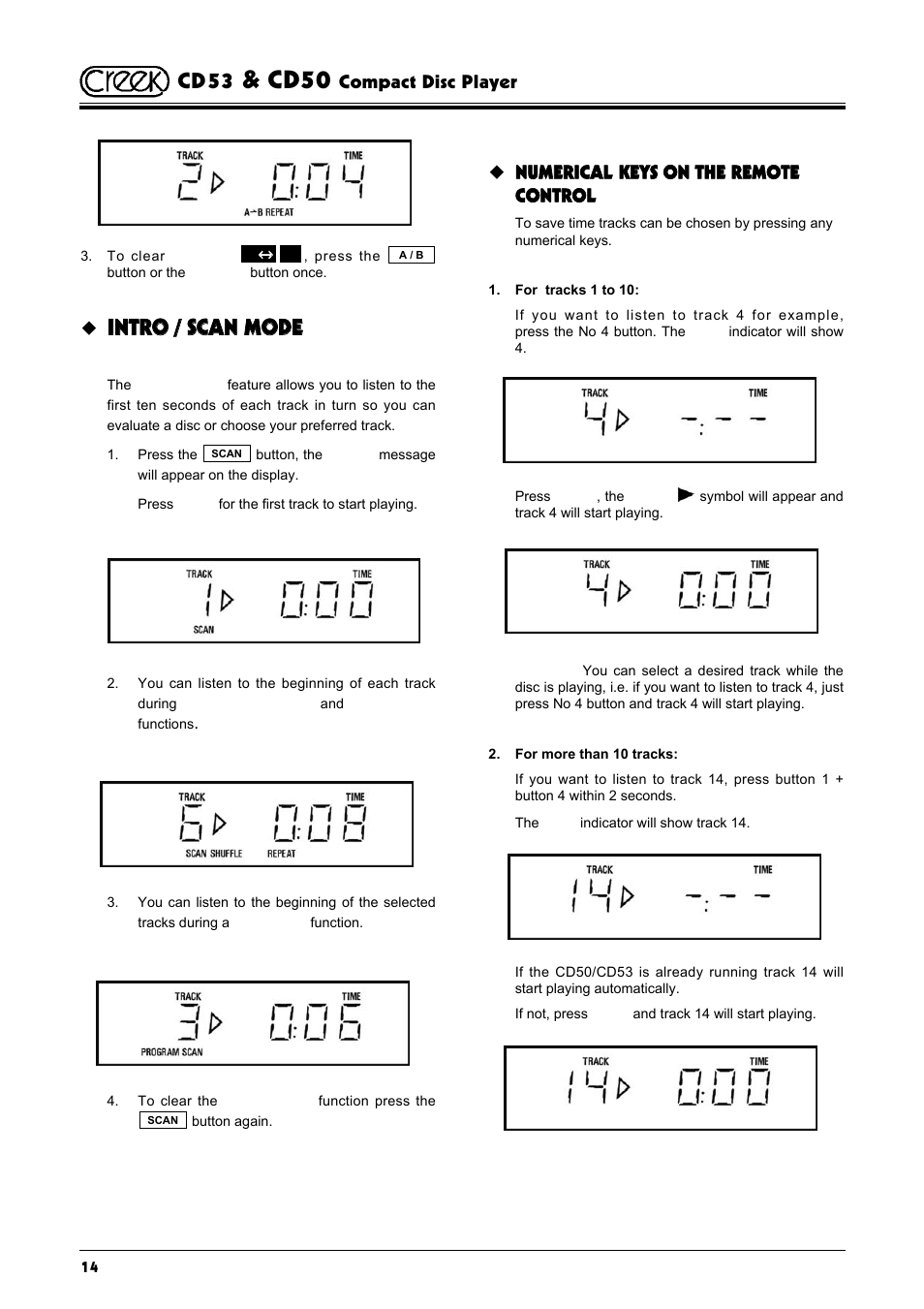 Cd50, Iin nttrro o // sscca an n m mo od dee, Cd53 | Numerical keys on the remote control, Compact disc player | Creek Audio CD50 User Manual | Page 14 / 16