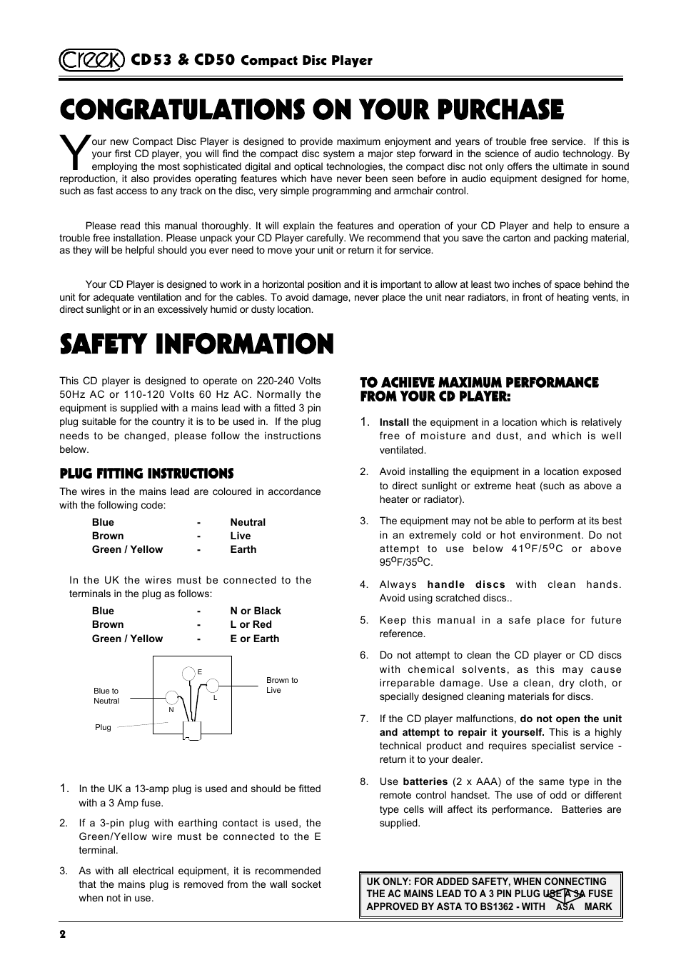 Safety information, Cd53 & cd50, N o t e | Compact disc player, Plug fitting instructions | Creek Audio CD50 User Manual | Page 2 / 16