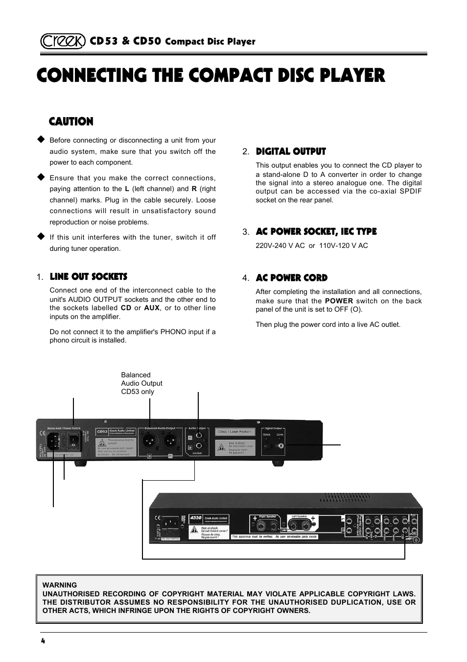 Connecting the compact disc player, Cd53 & cd50, Cca auuttiio on n | Creek Audio CD50 User Manual | Page 4 / 16