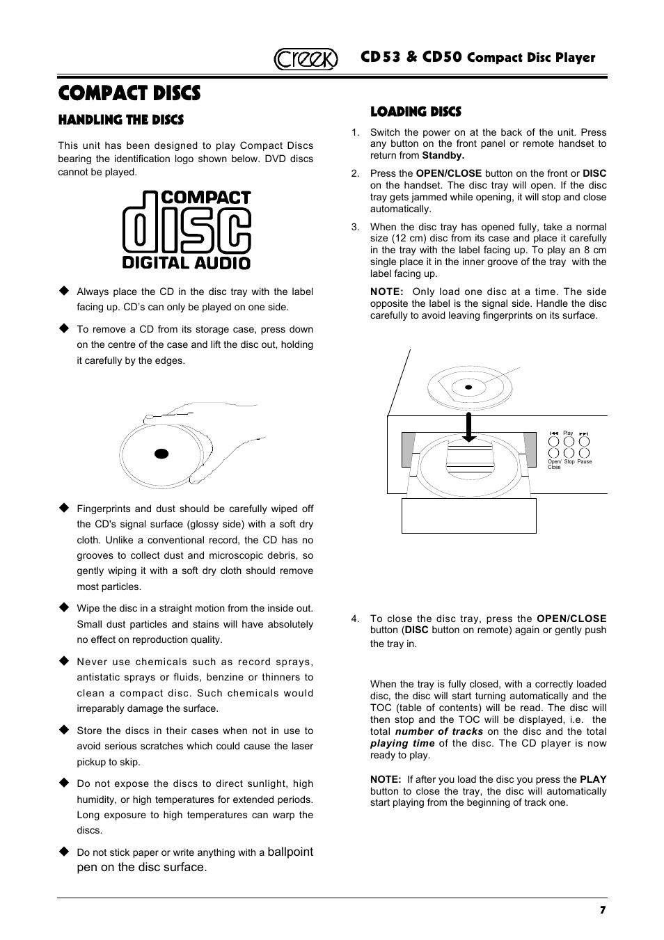Compact discs, Cd53 & cd50, Compact disc player | Handling the discs, Loading discs | Creek Audio CD50 User Manual | Page 7 / 16