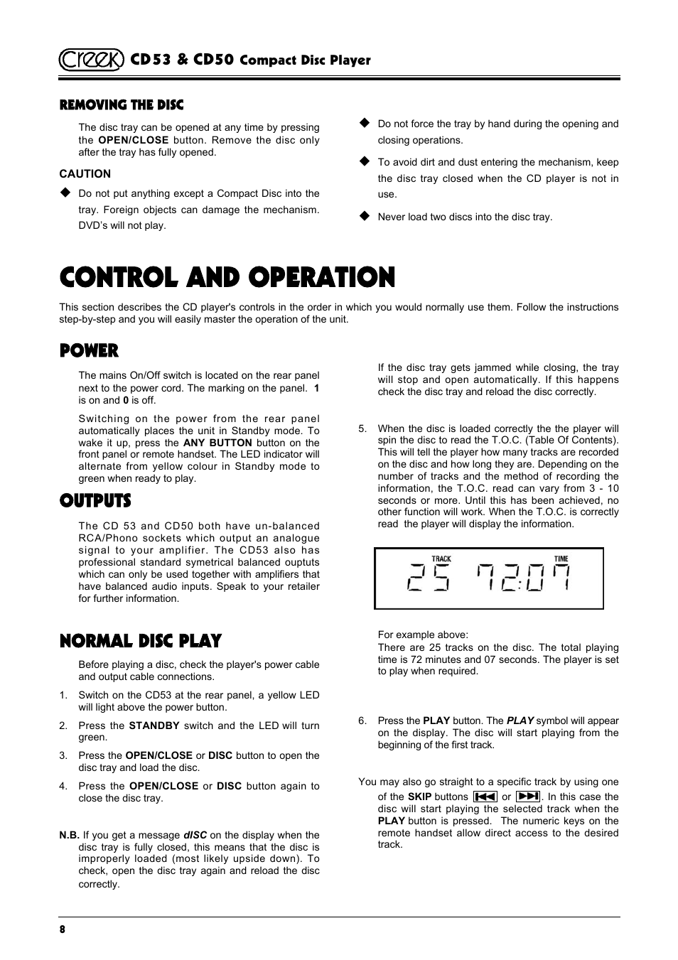 Control and operation, Power, Outputs | Normal disc play, Cd53 & cd50 | Creek Audio CD50 User Manual | Page 8 / 16