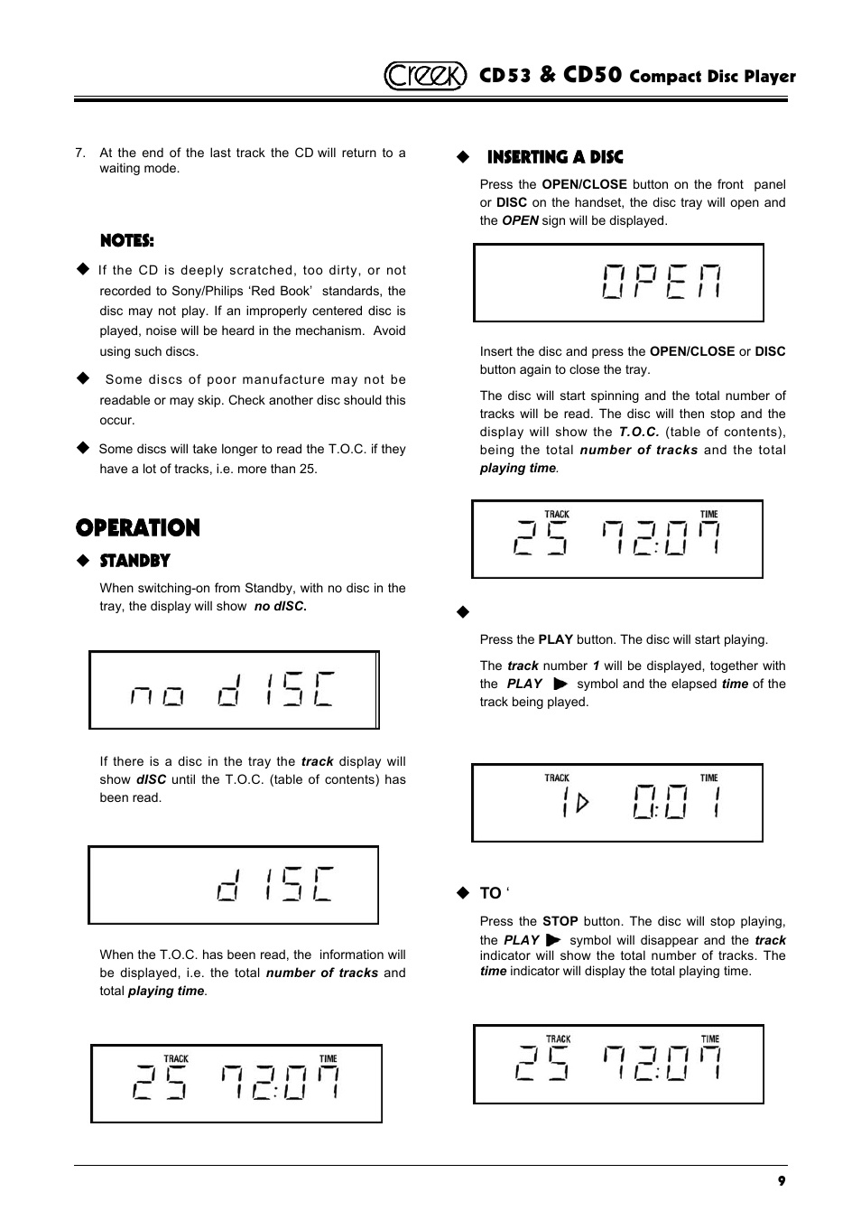 Operation, Cd50, Cd53 | Creek Audio CD50 User Manual | Page 9 / 16