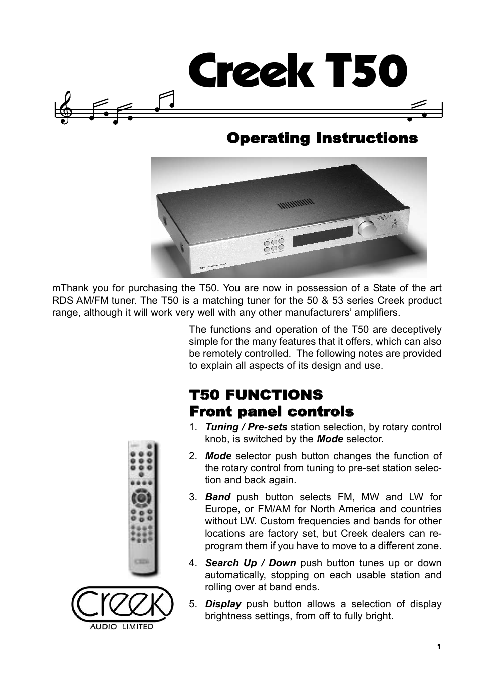 Creek Audio T50 User Manual | 8 pages