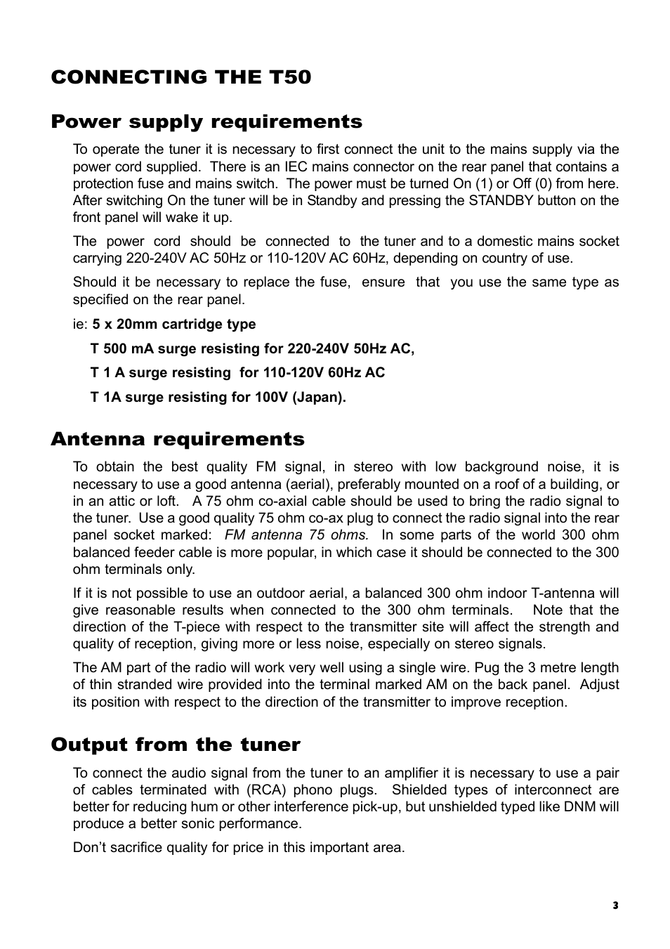 Connecting the t50 power supply requirements, Antenna requirements, Output from the tuner | Creek Audio T50 User Manual | Page 3 / 8