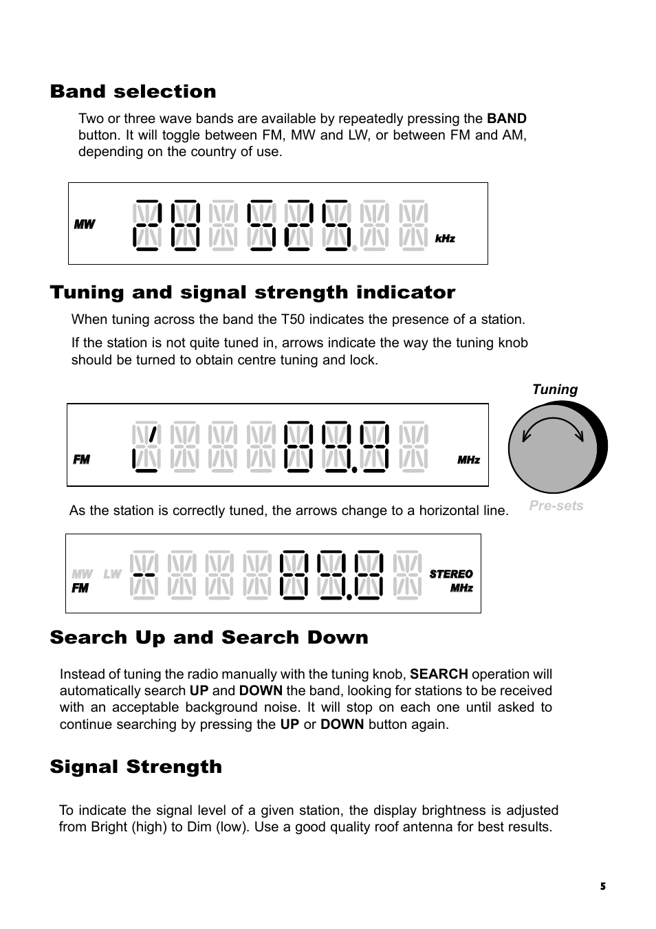 Signal strength, Search up and search down | Creek Audio T50 User Manual | Page 5 / 8