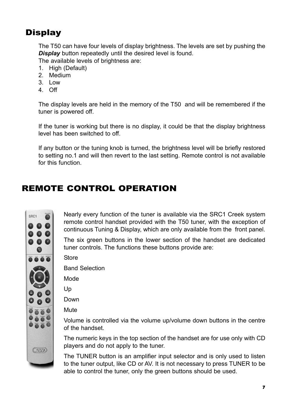 Remote control operation display | Creek Audio T50 User Manual | Page 7 / 8