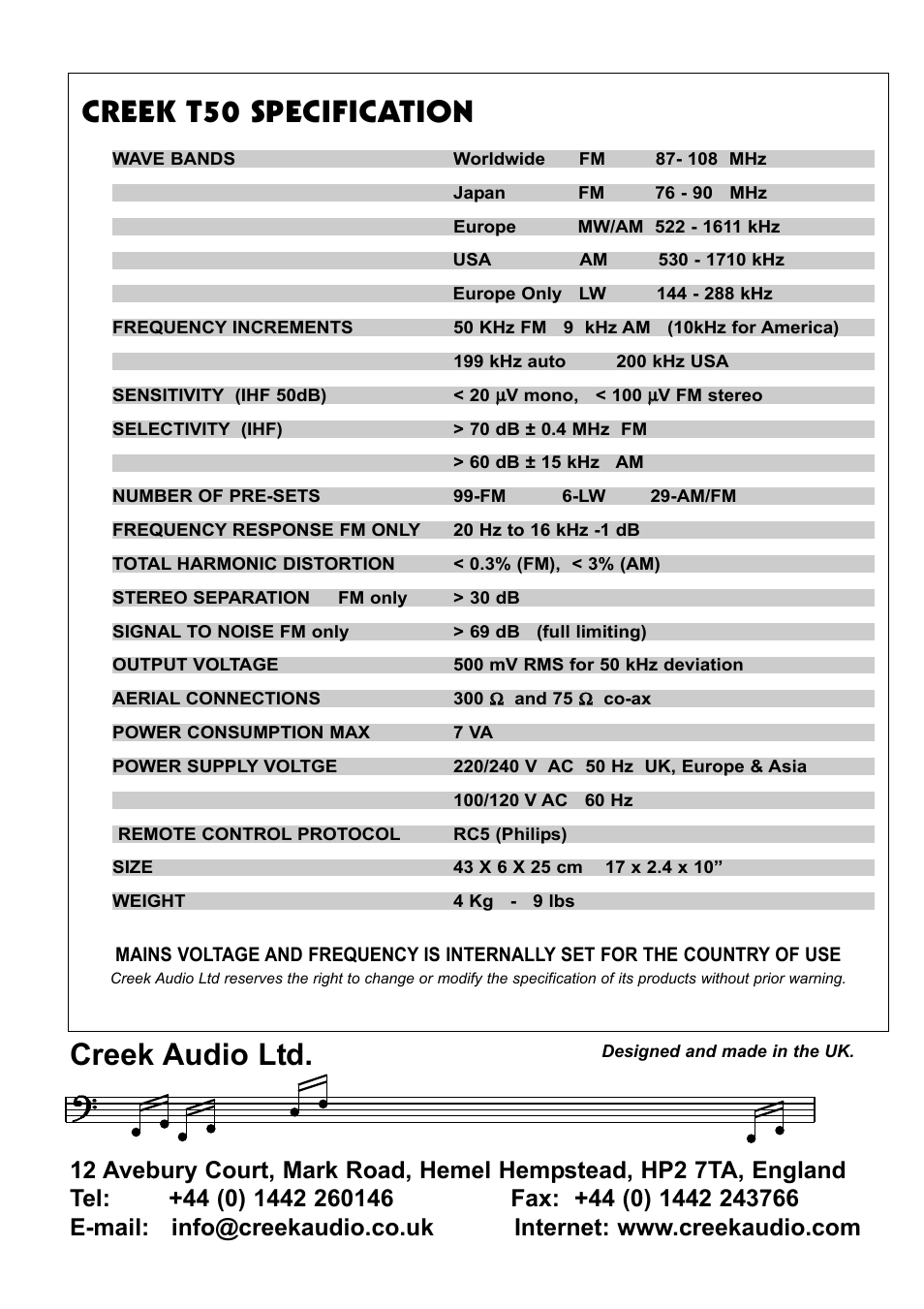 Creek t50 specification, Creek audio ltd | Creek Audio T50 User Manual | Page 8 / 8