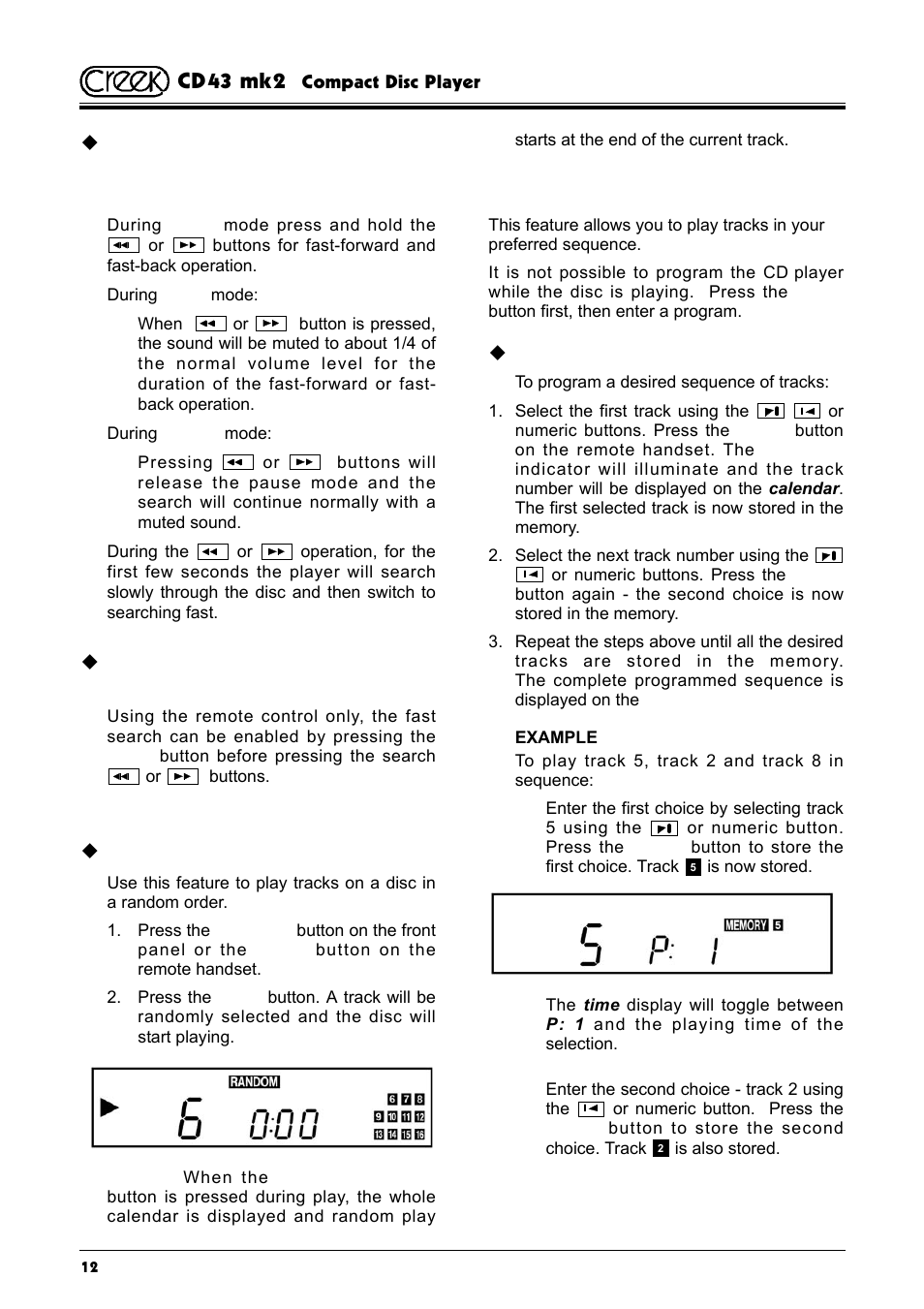 Random / shuffle play, Programmed disc play, Cd43 mk2 | Creek Audio CD43 mk 2 User Manual | Page 12 / 16