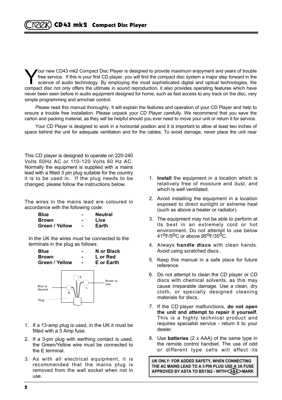 Safety information, Cd43 mk2, N o t e | Creek Audio CD43 mk 2 User Manual | Page 2 / 16