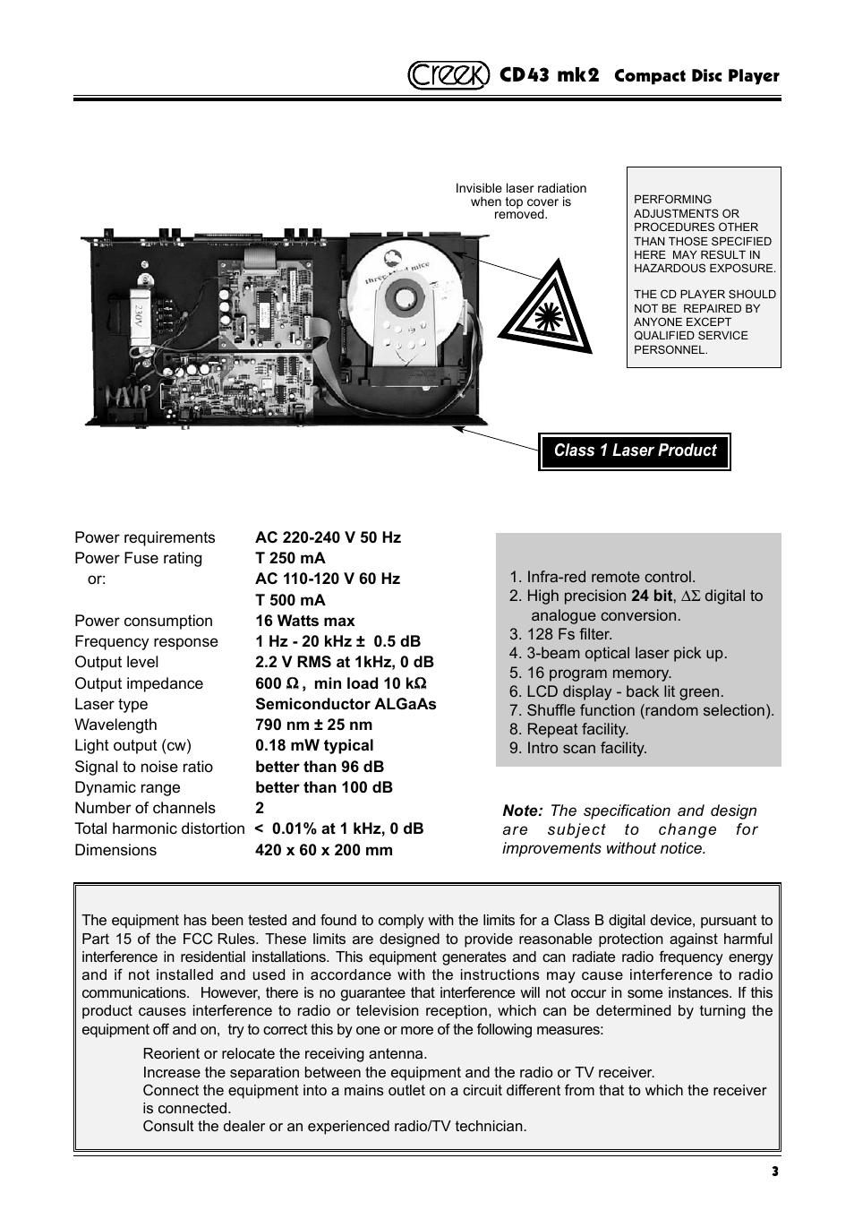 Safety w arnings, Specification, Cd43 mk2 | N o t e | Creek Audio CD43 mk 2 User Manual | Page 3 / 16