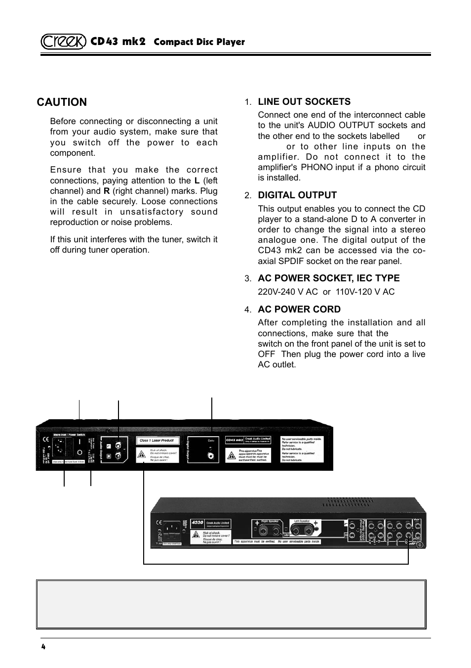 Connecting the compact disc, Cd43 mk2, Caution | Creek Audio CD43 mk 2 User Manual | Page 4 / 16
