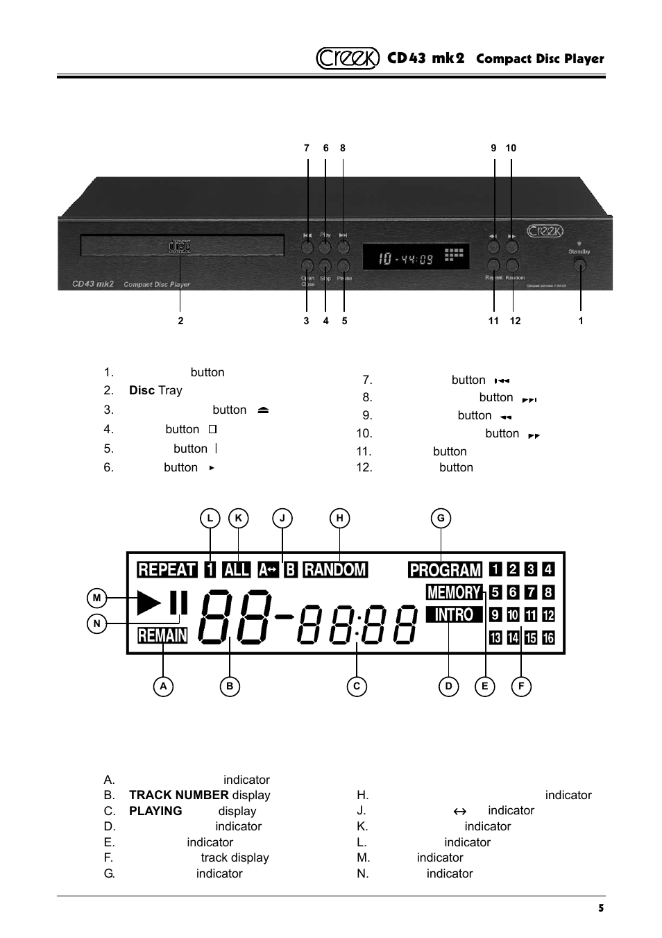 Cd43 mk2, Main unit, Display window | Creek Audio CD43 mk 2 User Manual | Page 5 / 16