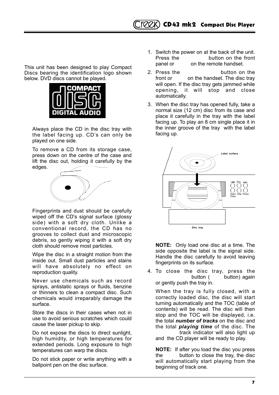 C o m pact discs, Cd43 mk2, Handling the discs | Loading discs | Creek Audio CD43 mk 2 User Manual | Page 7 / 16