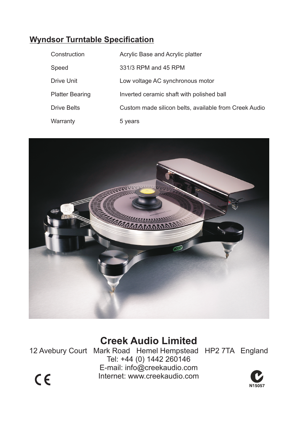 Creek audio limited, Wyndsor turntable specification | Creek Audio Wyndsor User Manual | Page 8 / 8