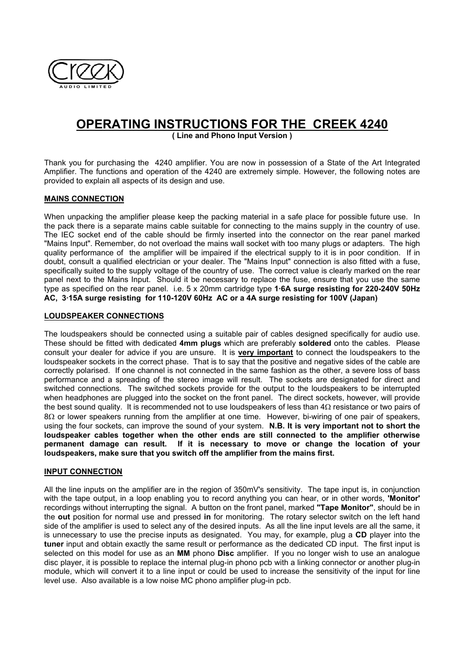 Creek Audio 4240 User Manual | 2 pages