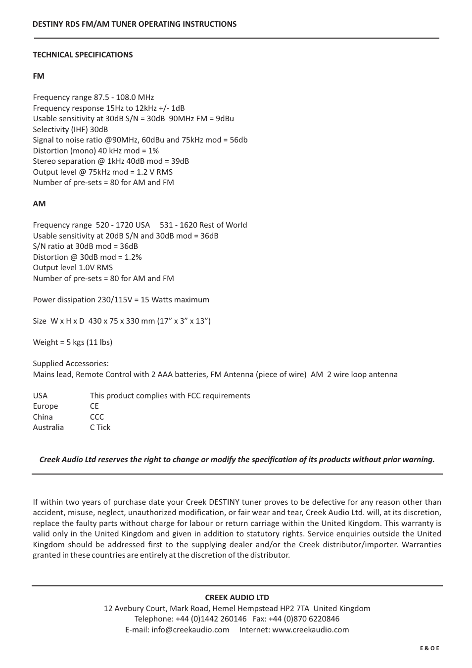 Creek Audio Destiny User Manual | Page 4 / 4