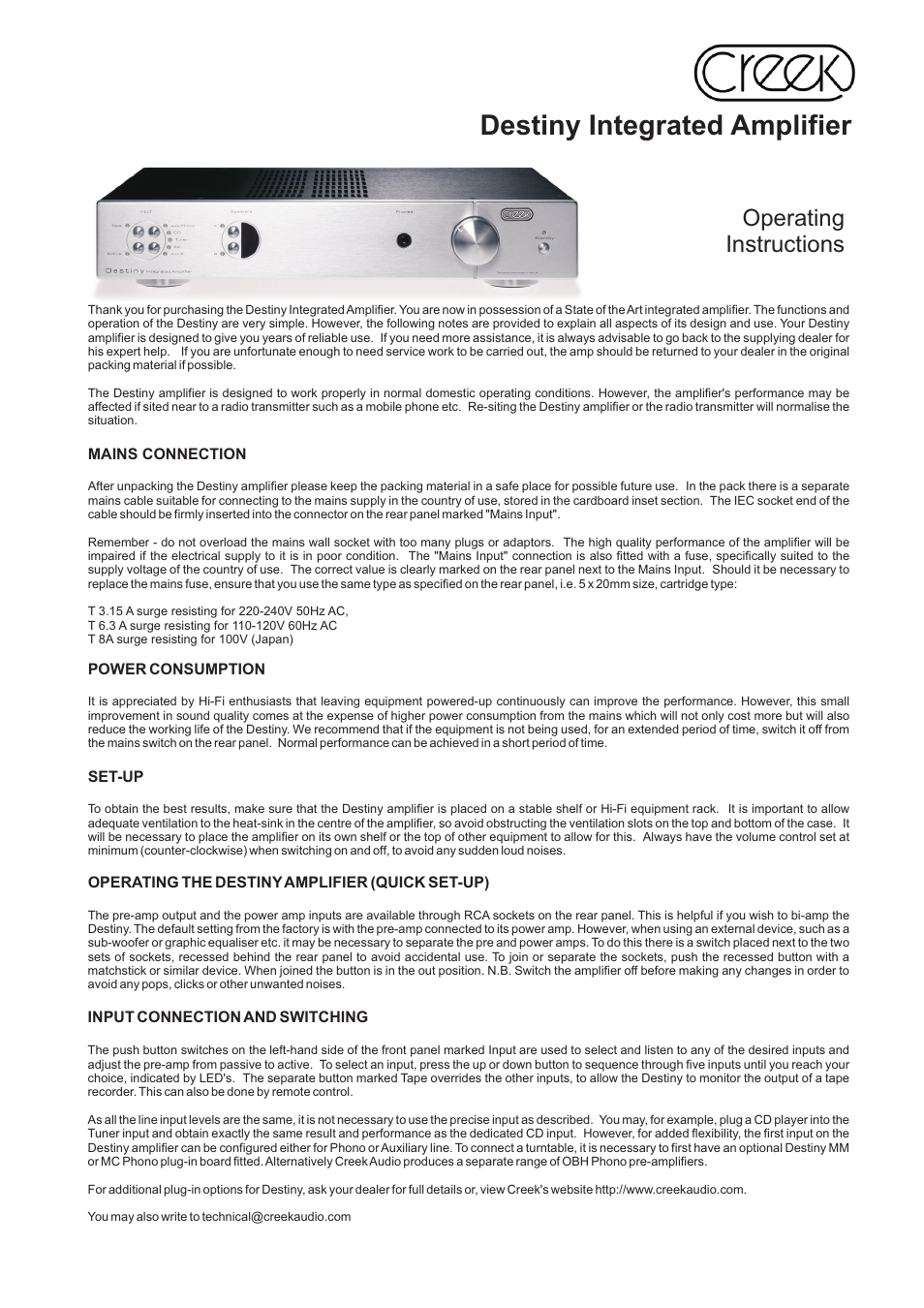 Creek Audio Destiny Integrated User Manual | 4 pages