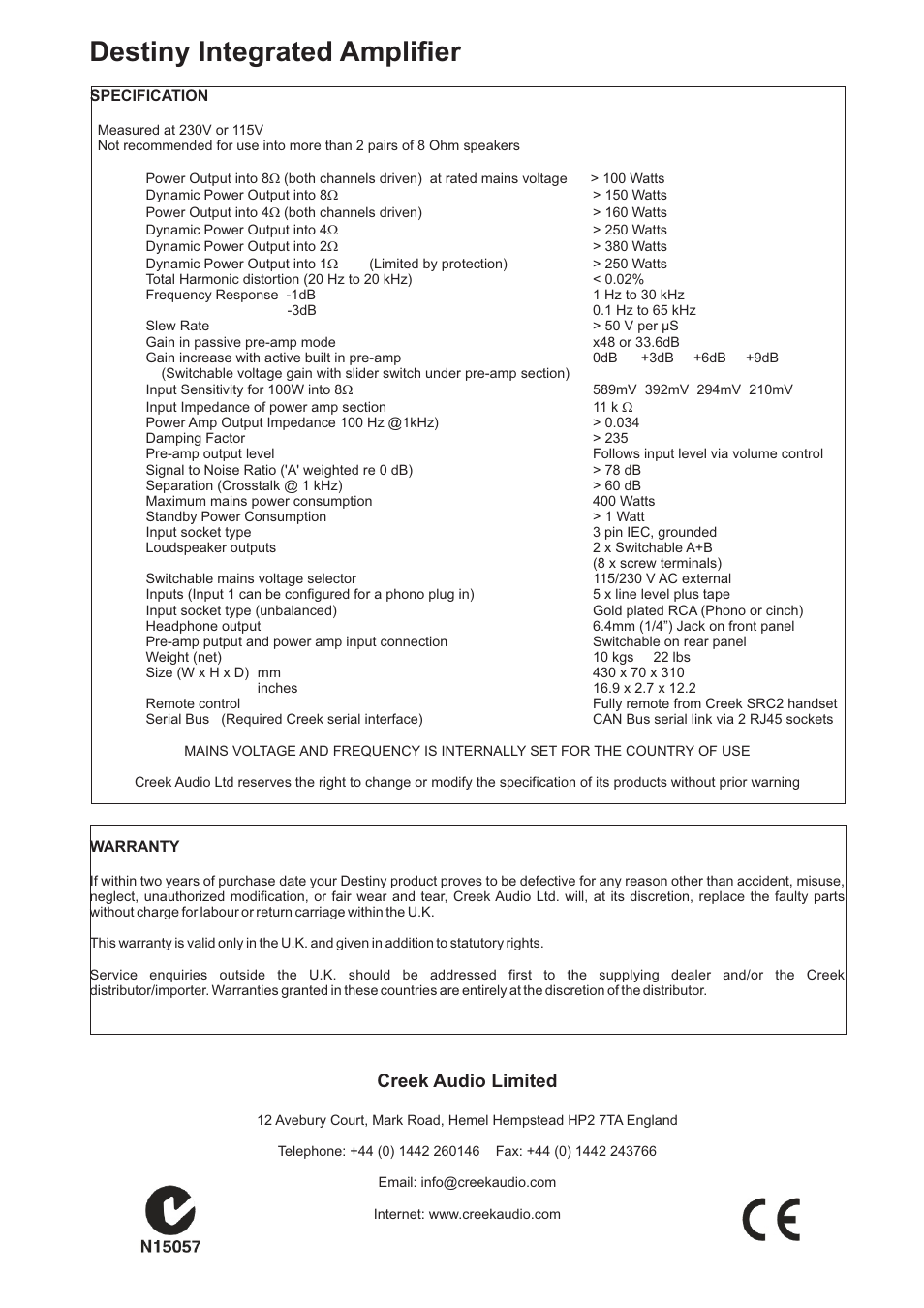 Destiny integrated amplifier, Creek audio limited | Creek Audio Destiny Integrated User Manual | Page 4 / 4