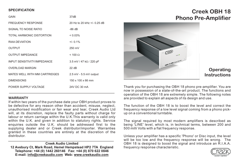 Creek Audio OBH 18 User Manual | 2 pages