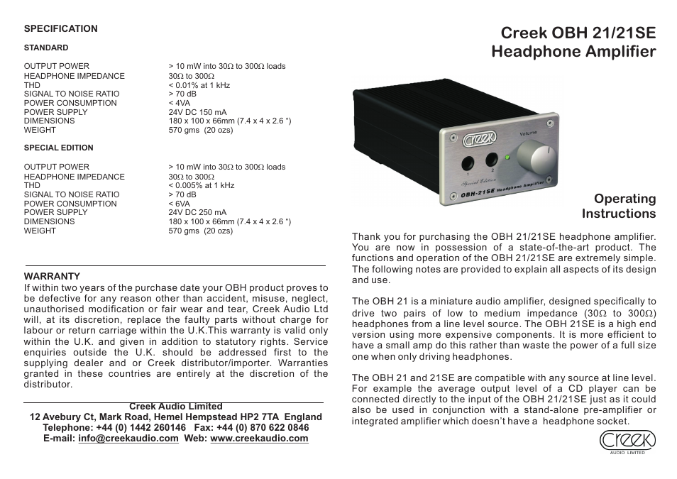 Creek Audio OBH 21 User Manual | 2 pages