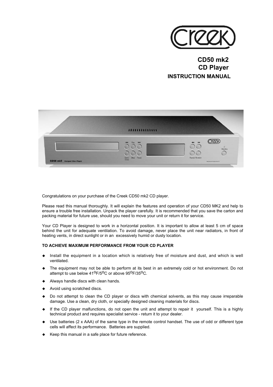 Creek Audio CD50 mk2 User Manual | 12 pages