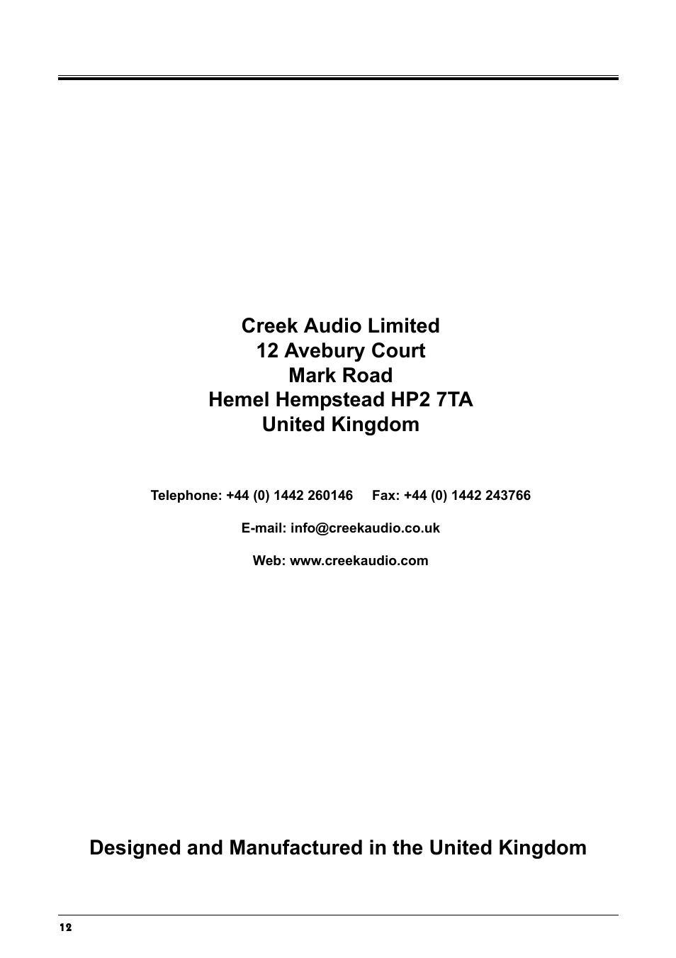 Designed and manufactured in the united kingdom | Creek Audio CD50 mk2 User Manual | Page 12 / 12