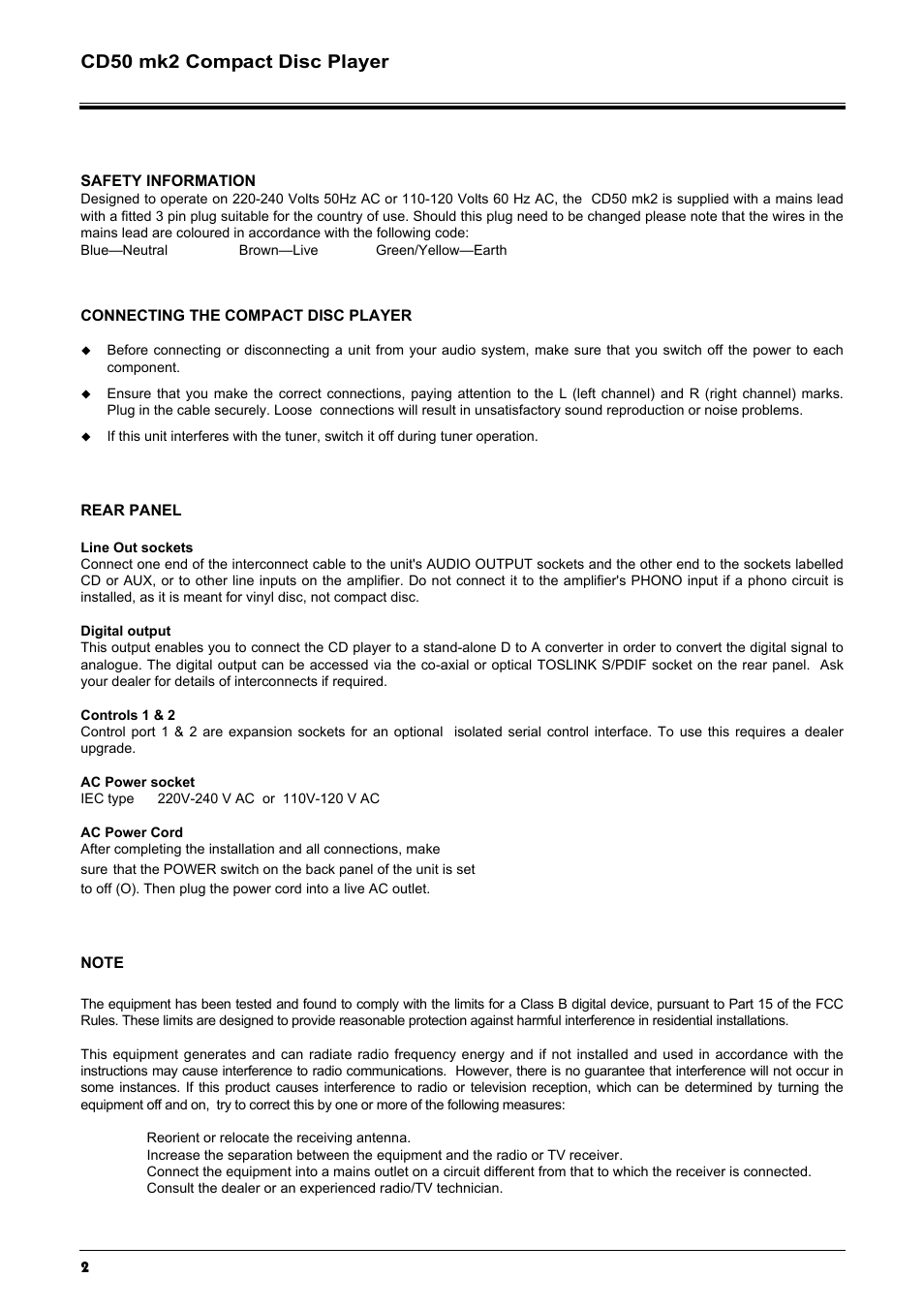 Cd50 mk2 compact disc player | Creek Audio CD50 mk2 User Manual | Page 2 / 12