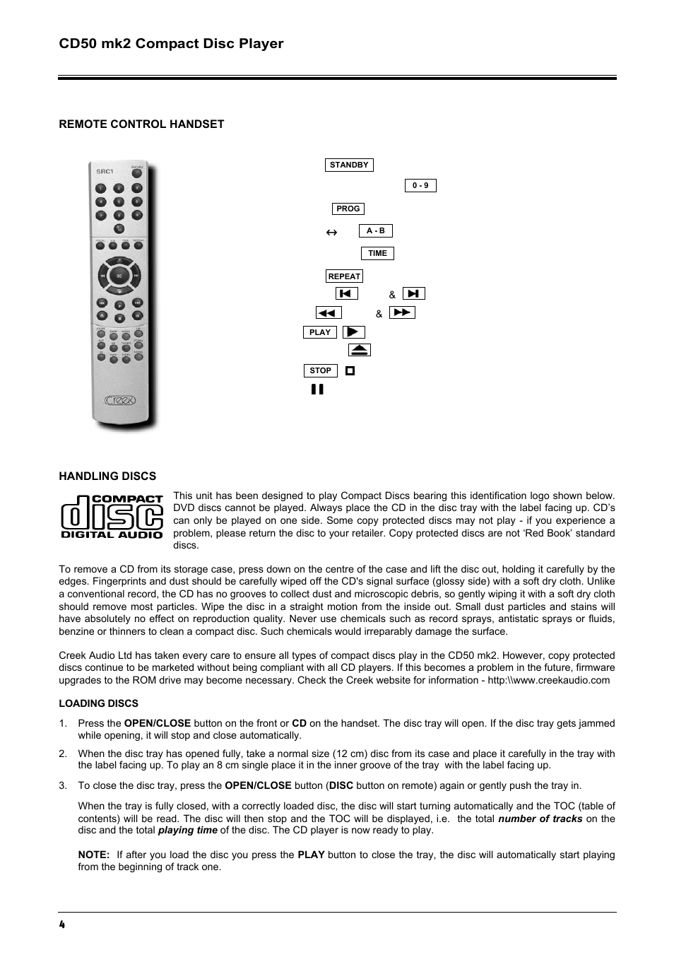 Cd50 mk2 compact disc player | Creek Audio CD50 mk2 User Manual | Page 4 / 12