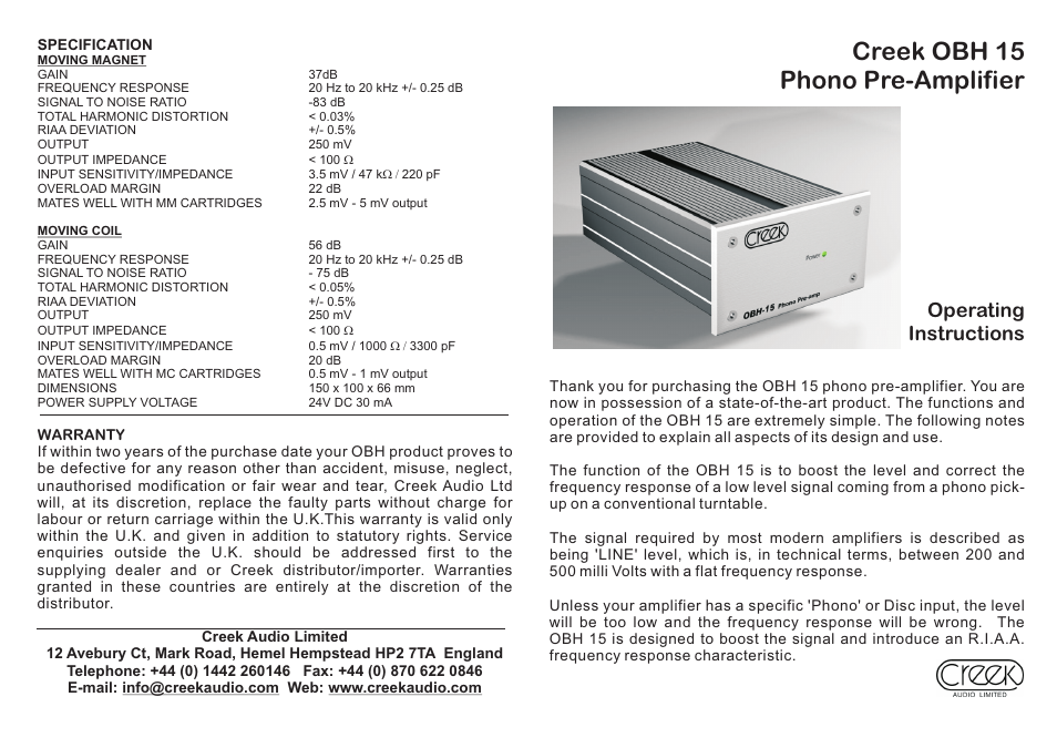 Creek Audio OBH 15 User Manual | 2 pages