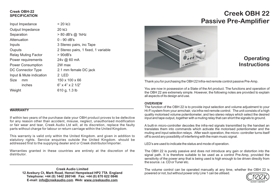 Creek Audio OBH22 User Manual | 2 pages